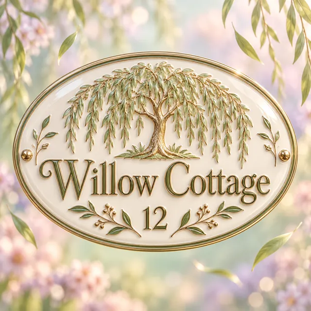 AI-generated concept of a cream enamel oval house sign reading Willow Cottage 12 with a raised green willow tree