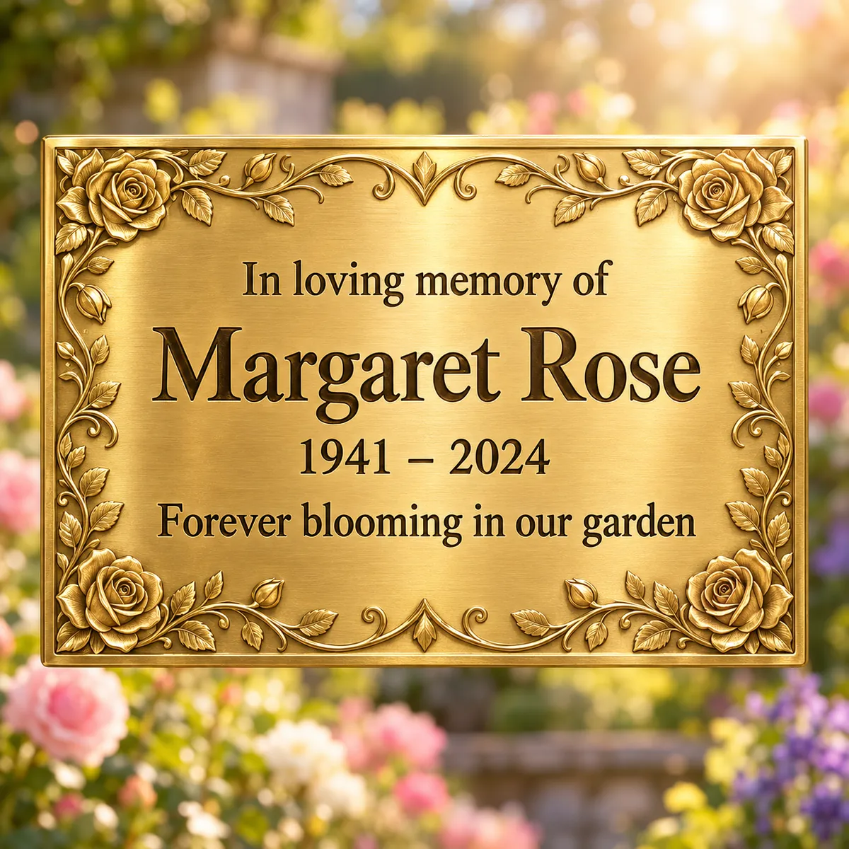 AI-generated concept of a gold memorial plaque with raised roses, reading In loving memory of Margaret Rose
