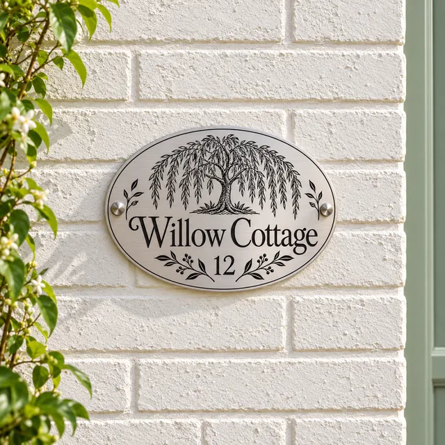 The same Willow Cottage design as an engraved brushed stainless steel oval sign, fixed flat to a white-painted brick wall beside a front door