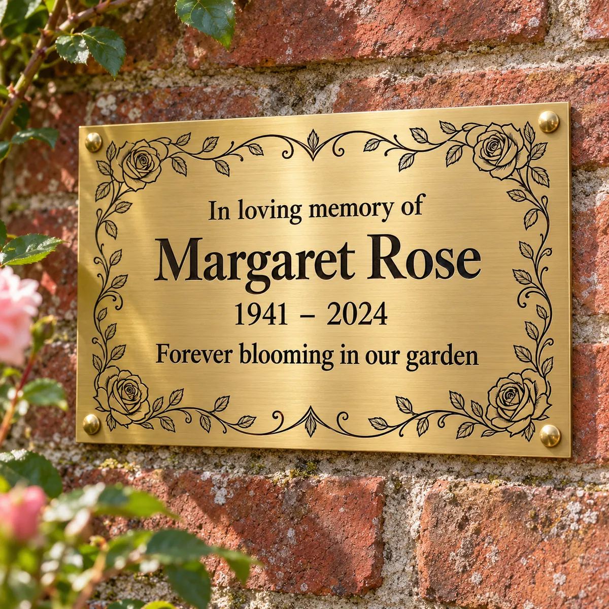 The same design as a flat engraved brushed brass plaque with a rose and vine border, fixed to a brick wall with four screw caps