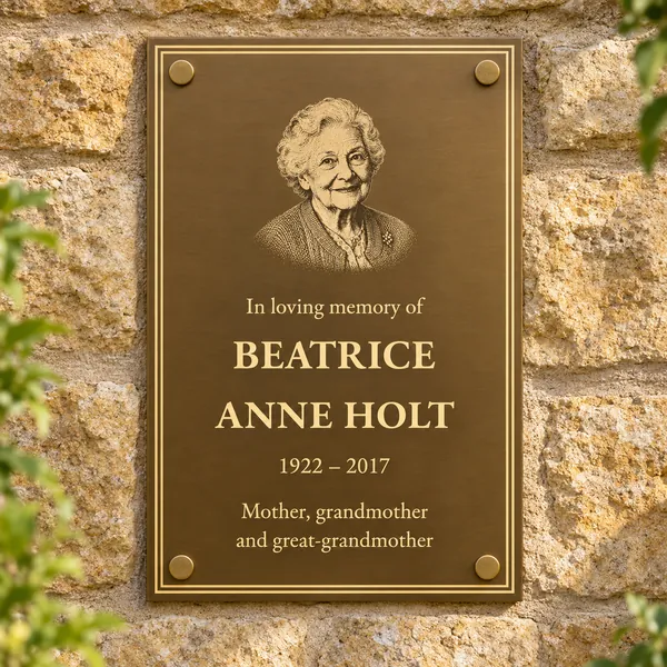 Personalised aged brass plaque 148 × 210 mm, shown with example wording