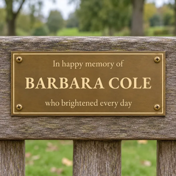 Personalised aged brass bench plaque 150 × 65 mm, shown with example wording