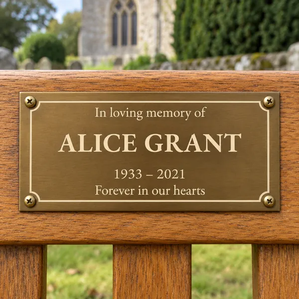 Personalised aged brass bench plaque 150 × 75 mm, shown with example wording