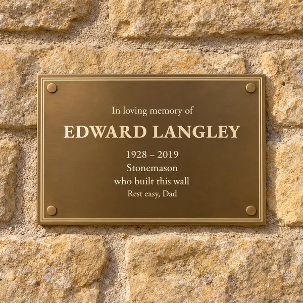 Personalised aged brass plaque 200 × 150 mm, shown with example wording