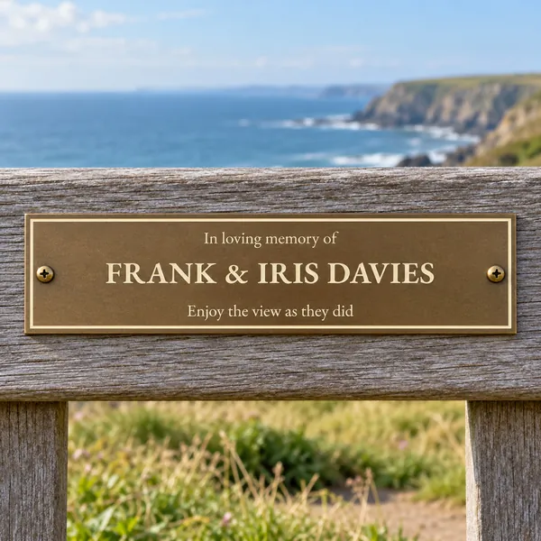 Personalised aged brass bench plaque 200 × 50 mm, shown with example wording