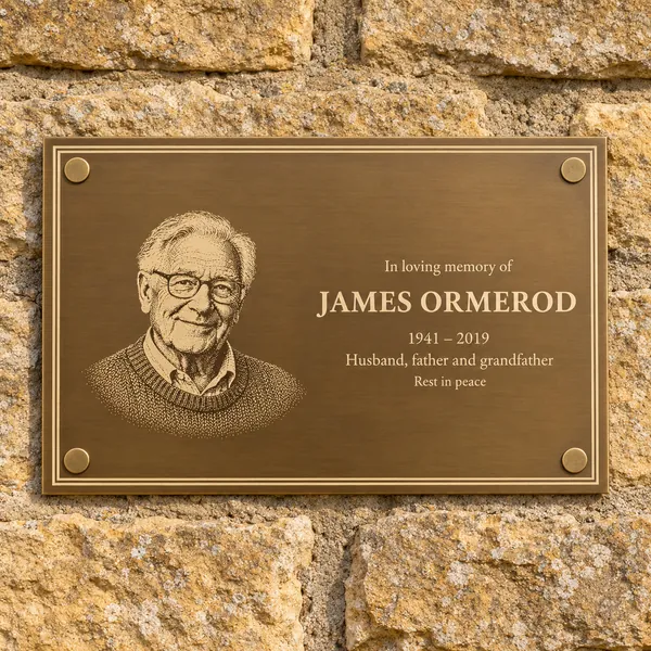 Personalised aged brass plaque 210 × 148 mm, shown with example wording