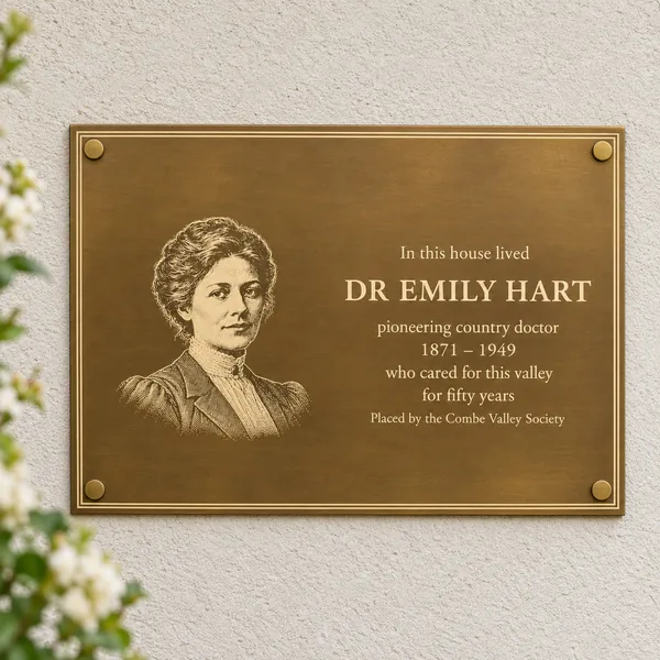 Personalised aged brass plaque 400 × 300 mm, shown with example wording