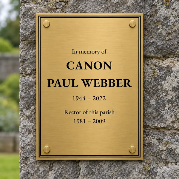 Personalised brushed brass plaque 148 × 210 mm, shown with example wording