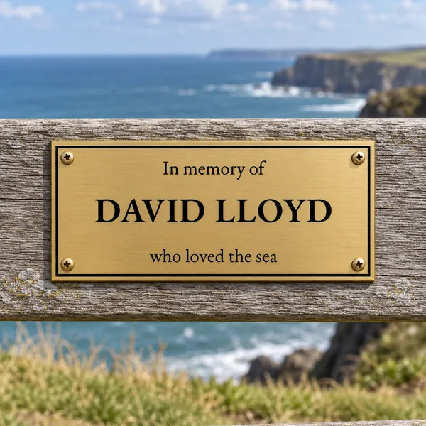 Personalised brushed brass bench plaque 150 × 65 mm, shown with example wording