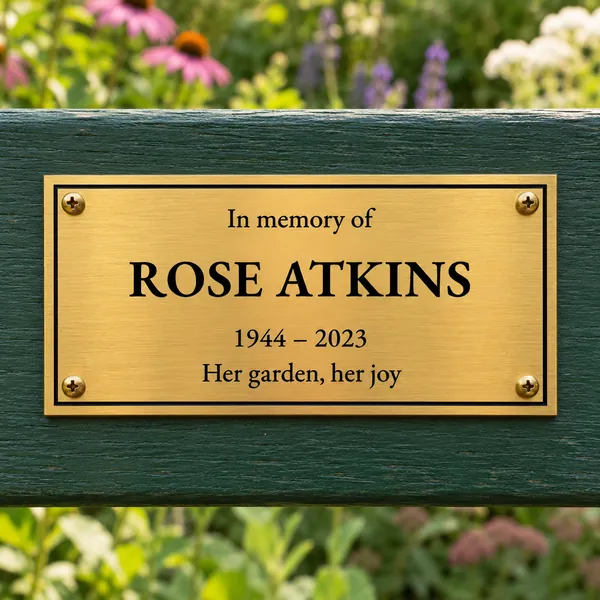 Personalised brushed brass bench plaque 150 × 75 mm, shown with example wording