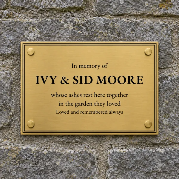 Personalised brushed brass plaque 200 × 150 mm, shown with example wording