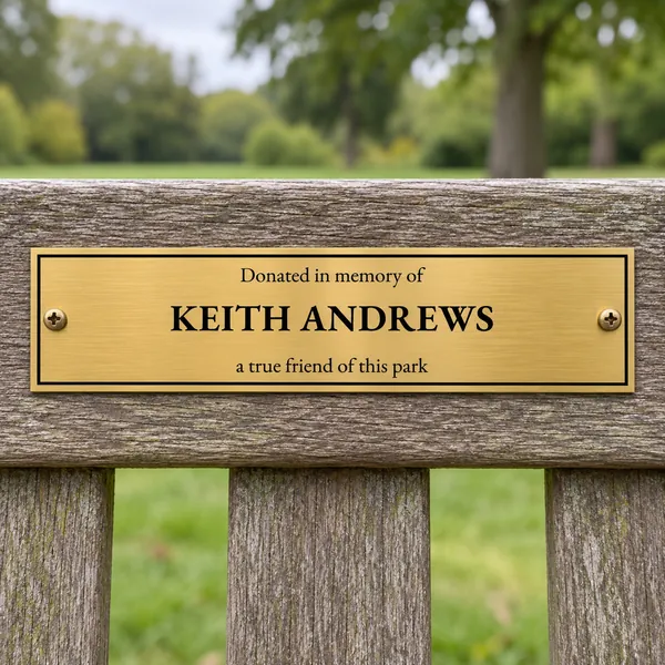 Personalised brushed brass bench plaque 200 × 50 mm, shown with example wording