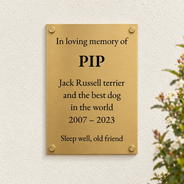 Personalised brushed brass plaque 210 × 297 mm, shown with example wording