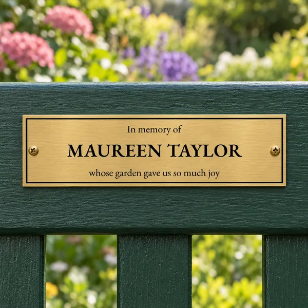 Personalised brushed brass bench plaque 225 × 65 mm, shown with example wording