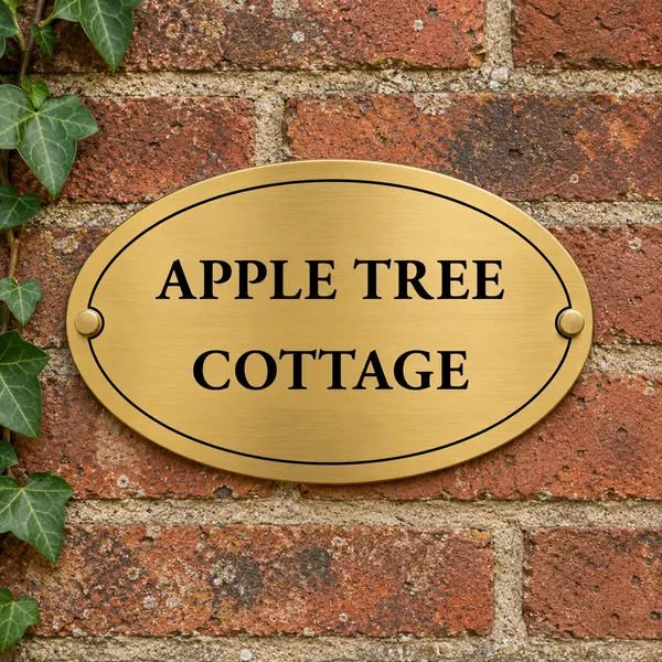 Personalised brushed brass oval plaque 250 × 150 mm, shown with example wording