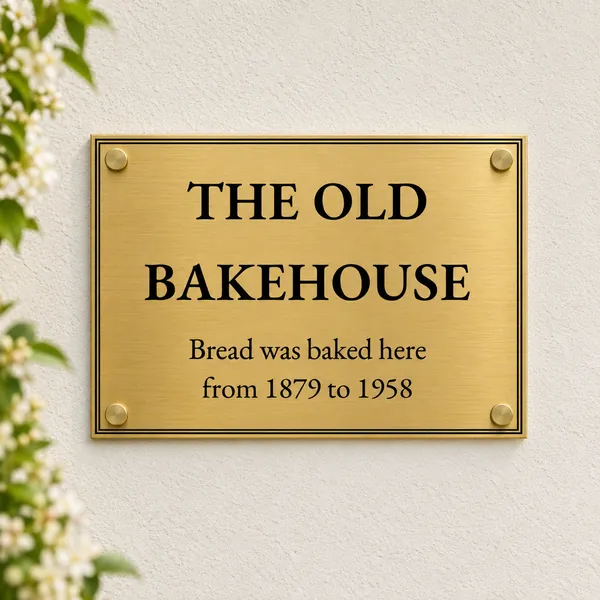 Personalised brushed brass plaque 297 × 210 mm, shown with example wording