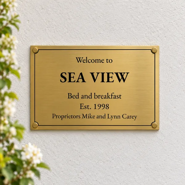 Personalised brushed brass plaque 300 × 200 mm, shown with example wording