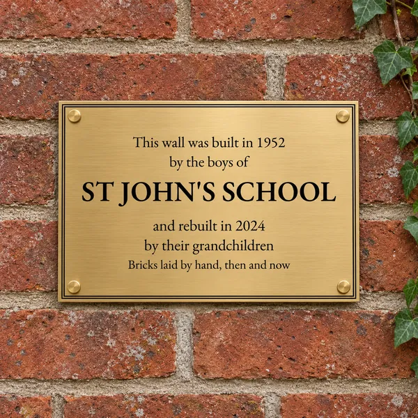 Personalised brushed brass plaque 400 × 300 mm, shown with example wording