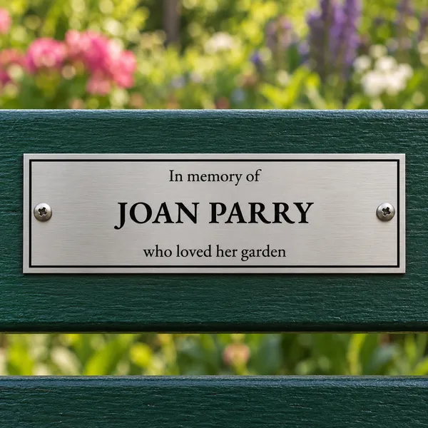 Personalised brushed stainless steel bench plaque 150 × 50 mm, shown with example wording
