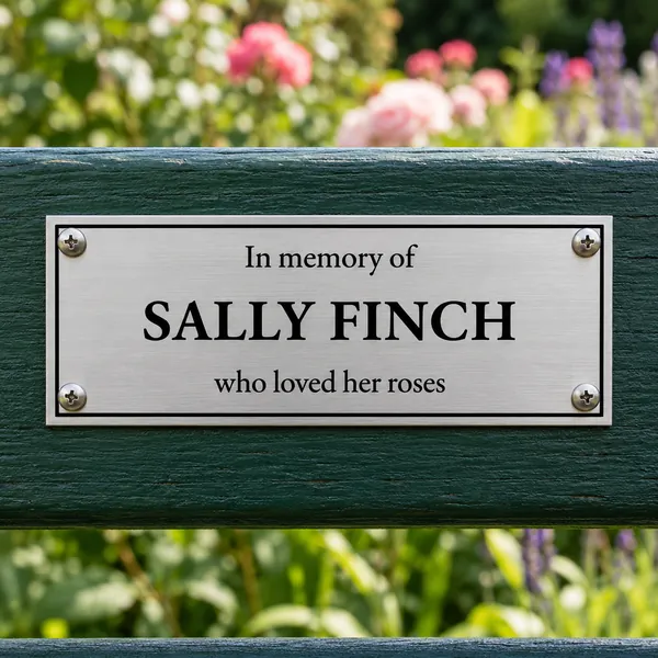 Personalised brushed stainless steel bench plaque 150 × 65 mm, shown with example wording