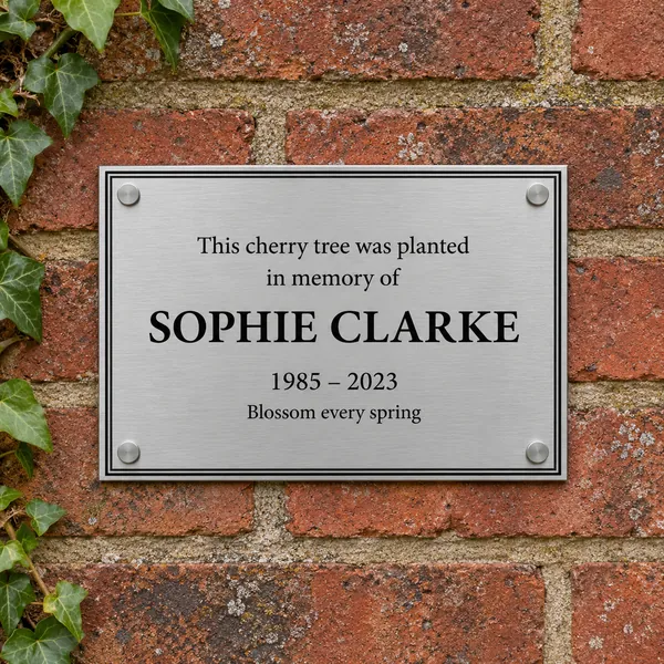 Personalised brushed stainless steel plaque 200 × 150 mm, shown with example wording