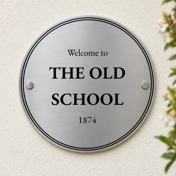 Personalised brushed stainless steel circular plaque 200 × 200 mm, shown with example wording