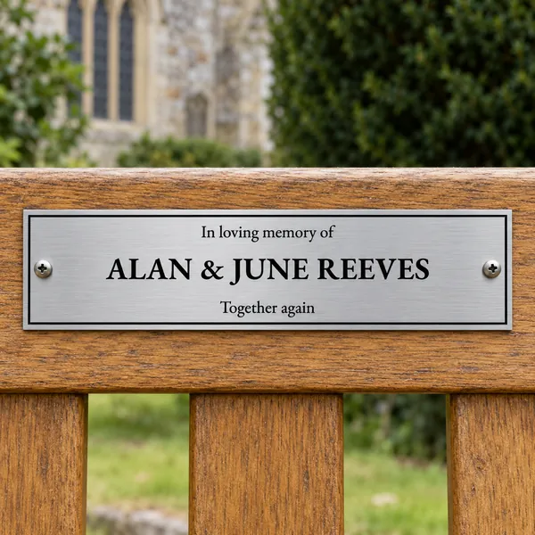 Personalised brushed stainless steel bench plaque 200 × 50 mm, shown with example wording