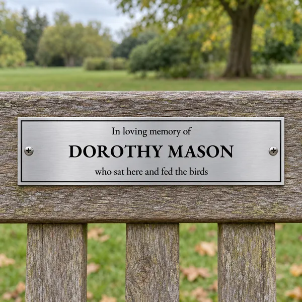 Personalised brushed stainless steel bench plaque 225 × 65 mm, shown with example wording
