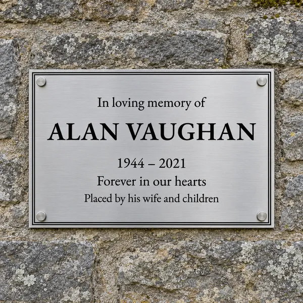 Personalised brushed stainless steel plaque 300 × 200 mm, shown with example wording