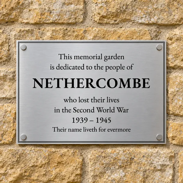 Personalised brushed stainless steel plaque 400 × 300 mm, shown with example wording