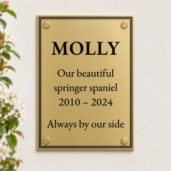 Personalised orbital brass plaque 148 × 210 mm, shown with example wording