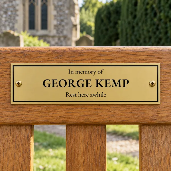 Personalised orbital brass bench plaque 150 × 50 mm, shown with example wording