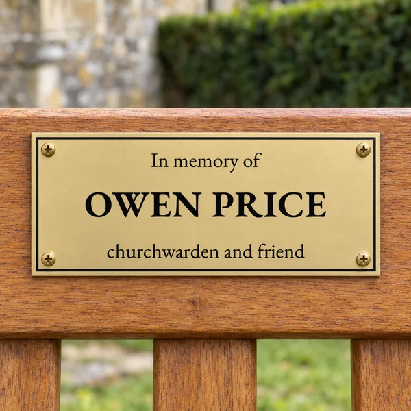 Personalised orbital brass bench plaque 150 × 65 mm, shown with example wording