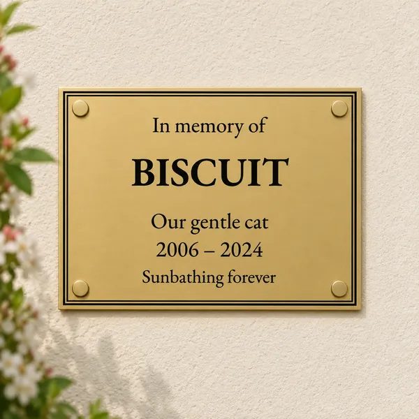 Personalised orbital brass plaque 200 × 150 mm, shown with example wording
