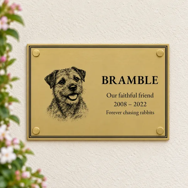 Personalised orbital brass plaque 210 × 148 mm, shown with example wording