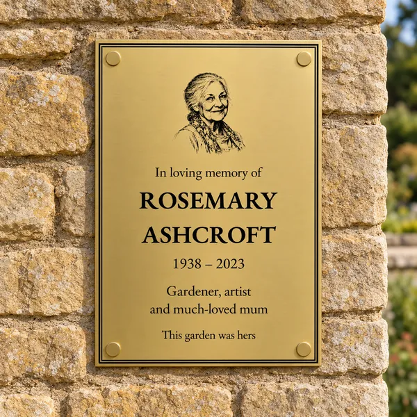 Personalised orbital brass plaque 210 × 297 mm, shown with example wording