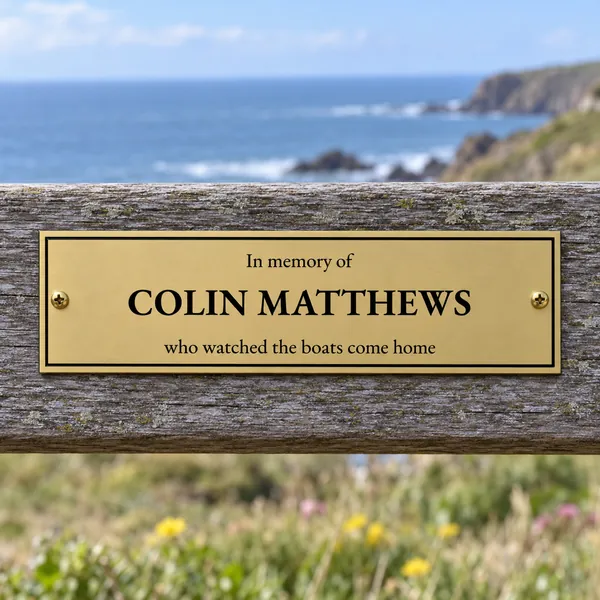 Personalised orbital brass bench plaque 225 × 65 mm, shown with example wording