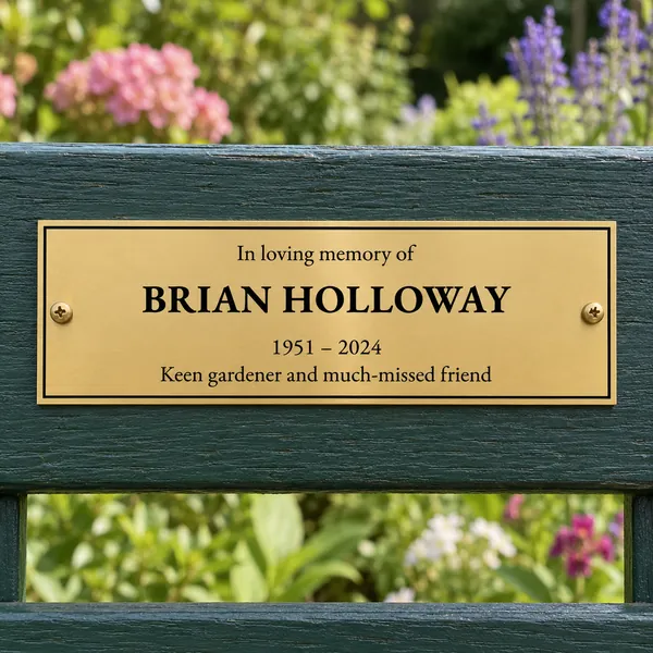 Personalised orbital brass bench plaque 225 × 75 mm, shown with example wording