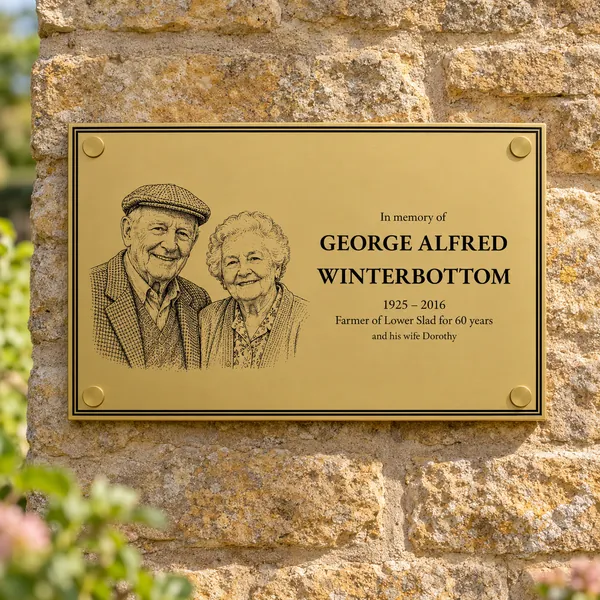 Personalised orbital brass plaque 297 × 210 mm, shown with example wording