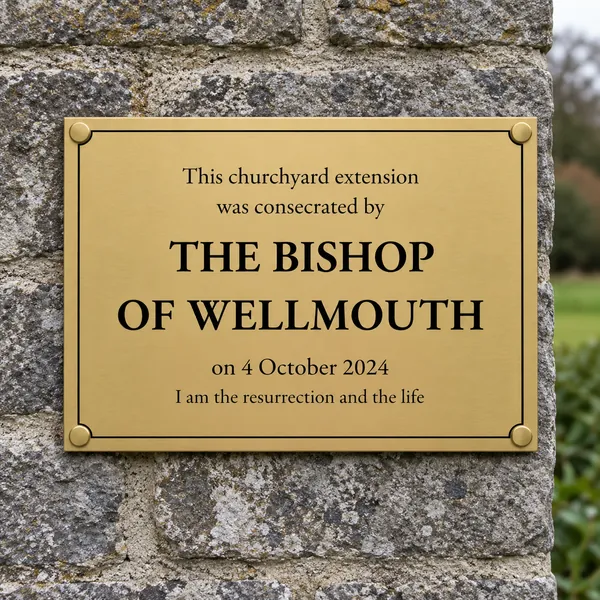 Personalised orbital brass plaque 400 × 300 mm, shown with example wording
