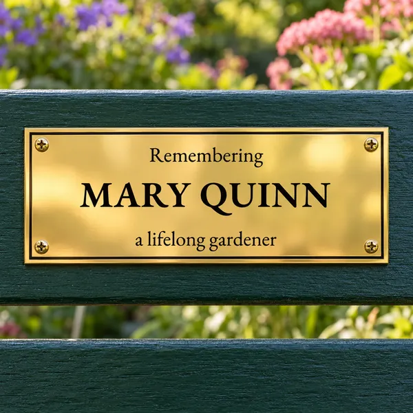 Personalised polished brass bench plaque 150 × 65 mm, shown with example wording