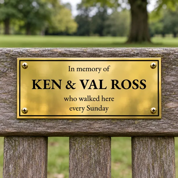Personalised polished brass bench plaque 150 × 75 mm, shown with example wording