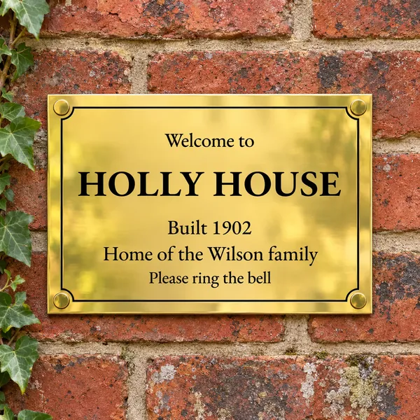 Personalised polished brass plaque 200 × 150 mm, shown with example wording