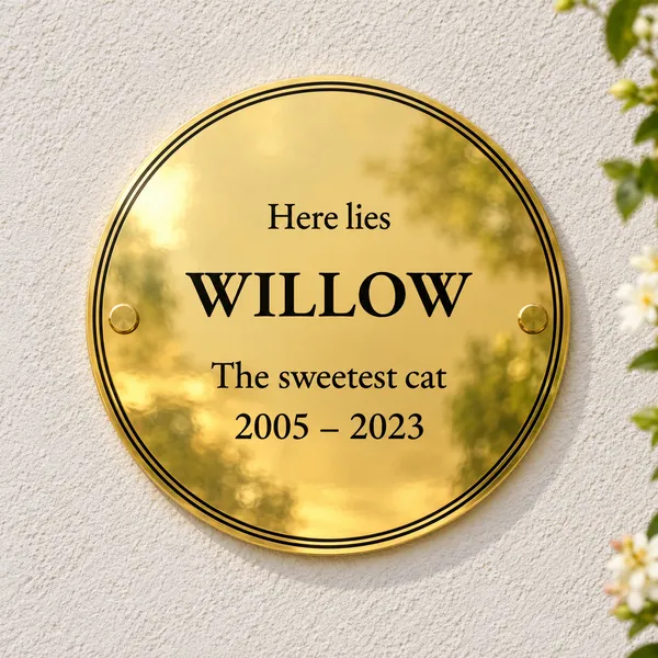 Personalised polished brass circular plaque 200 × 200 mm, shown with example wording