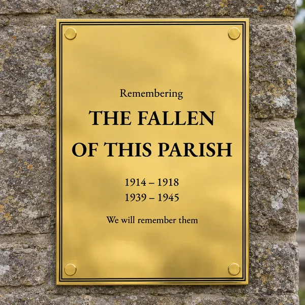 Personalised polished brass plaque 210 × 297 mm, shown with example wording