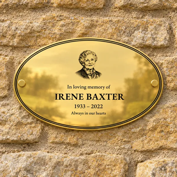 Personalised polished brass oval plaque 250 × 150 mm, shown with example wording