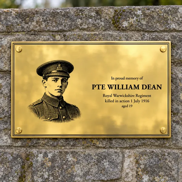 Personalised polished brass plaque 300 × 200 mm, shown with example wording