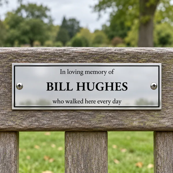 Personalised polished stainless steel bench plaque 150 × 50 mm, shown with example wording