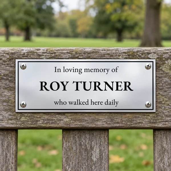 Personalised polished stainless steel bench plaque 150 × 65 mm, shown with example wording