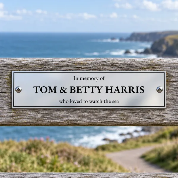 Personalised polished stainless steel bench plaque 200 × 50 mm, shown with example wording